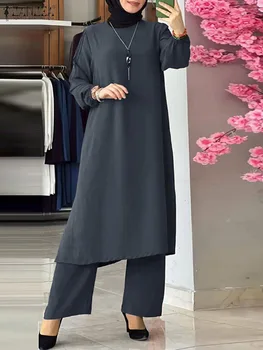 ZANZEA Елегантни мюсюлмански комплекти в тон Модерен ежедневния костюм на Ислямската облекло Блуза с дълъг ръкав Свободни обикновена панталони Абая Новости. - Изображение 1  