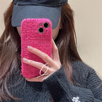 Корейският Зимен Розово обикновен калъф за телефон iPhone 14 13 12 11 Pro Max от топла плат с кожа, устойчив на удари мек калъф за момичета Shell - Изображение 1  