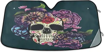 Сенника на предното стъкло на превозното средство Oarencol Sugar Ladies Skull Flower на Хелоуин, Сгъваема UV-козирка (139,7 cm x 70,1 см) - Изображение 1  
