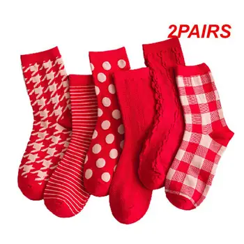 2 ЧИФТА Нови женски чорапи, чорапи в карирани и шарени, есенно-зимни удобни дълги чорапи в стил харадзюку червен цвят, ретро стил, дамска мода - Изображение 1  