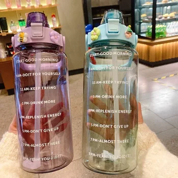 2-литровата бутилка вода със сламка спортове на открито бутилки за вода с течение на времето маркер голям капацитет на Откритото първенство на фитнес бутилка за вода - Изображение 2  