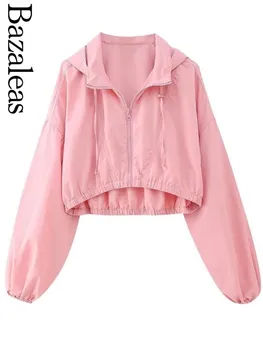 2023 Bazaleas Store Трафика на дамски сака-якета розов цвят, съкратен якета с качулка, официално облекло - Изображение 2  