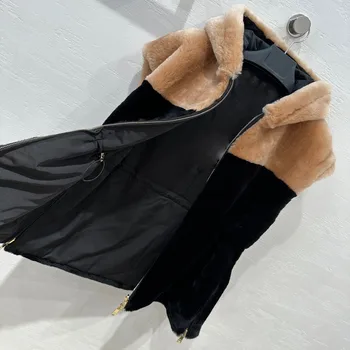 2023 Зимата женски двупосочен Носене Внесени красива жилетка от естествена кожа с качулка, дълго палто - Изображение 2  