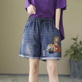 2023 Нови дънкови къси панталони Летни Mori Момиче в стил мозайка, с дупки, реколта женски зреещи Tide дължина до коляното - Изображение 1  