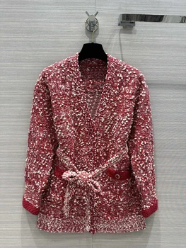2023 нов дамски моден вязаный костюм с двоен джоб на колана, червена жилетка + пола с А-образна форма, комплект от 2 теми 1014 - Изображение 1  