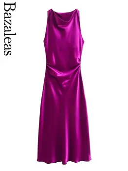 2024 Bazaleas Store Трафика Елегантно розово-червено атласное женствена рокля, бели рокли с рюшами За жени, Елегантни рокли midi - Изображение 1  