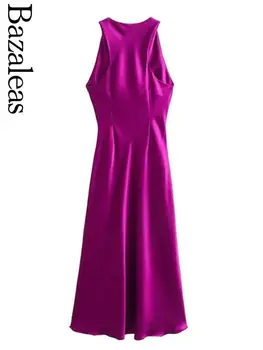2024 Bazaleas Store Трафика Елегантно розово-червено атласное женствена рокля, бели рокли с рюшами За жени, Елегантни рокли midi - Изображение 2  