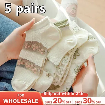 5 Двойки Прозрачни Чорапи за Жените, Стъклени Копринени Прекрасни Памучни Чорапи в стил 