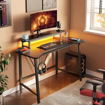50,3-инчов Настолен Компютър офис бюро с led осветление, поставка за монитор, черно компютърна маса - Изображение 1  