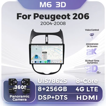 8 Основната 2Din Android 12 Авто Радио, Мултимедиен Плейър За Peugeot 206 206CC 206SW 2001-2008 Carplay GPS Навигация Главното Устройство - Изображение 1  