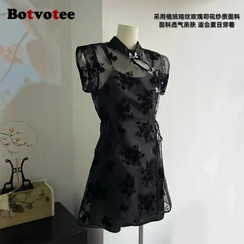 Botvotee, Комплекти от 2 теми, дрехи за Жени, 2023, Нова Мода, Китайски Стил, Изискан Мини рокля, Винтажное Елегантна Сетчатое Черно Лятна Рокля - Изображение 2  