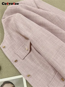 Cotvotee Розово яке Дамски 2024 Пролет Лято, Новата мода офис женски Свободни якета копчета, всеки ден палто с кръгло деколте и дълъг ръкав. - Изображение 2  