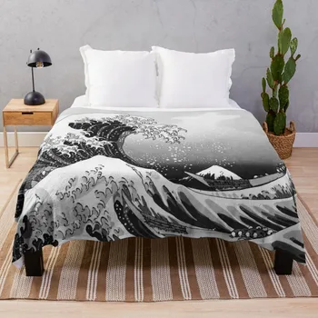 Great Wave: монохромное покривки, плюшевое коледа одеяло, луксозно утепленное одеяло за къмпинг - Изображение 1  