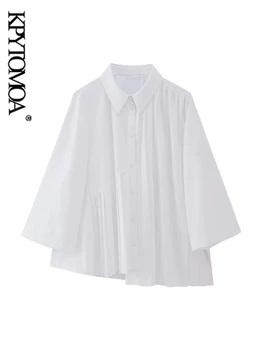 KPYTOMOA/ Дамски модни асиметрични ризи в сгъвката, реколта дамски блузи копчета с ръкав три четвърти, блузи, шик върховете - Изображение 1  