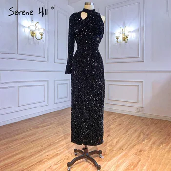 SERENE HILL Черна Лъскава вечерна рокля с едно рамо 2024, секси, с намаляване на щиколотку, за жени, вечерна рокля CLA71232 - Изображение 2  