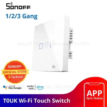 SONOFF T0 UK Wifi Smart Switch 1/2/3 Gang Безжични сензорни стенни ключове за осветление в обединеното кралство, приложение, гласово дистанционно управление за автоматизация на дома, комплект - Изображение 1  