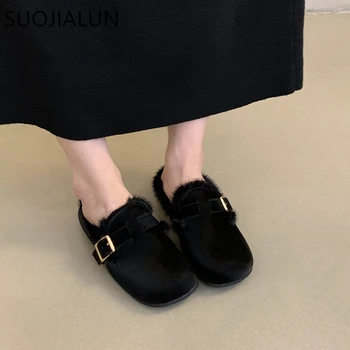 SUOJIALUN/2023; нови зимни дамски чехли; модни топли плюшени чехли без обков с кръгла пръсти, на равна подметка; ежедневни кожа улични джапанки; S - Изображение 2  