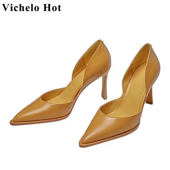 Vichelo/ Горещите летни обувки на дребни подметка ins за парти, чубрица обувки-лодка на много висок ток с остър пръсти от естествена телешка кожа в жълт цвят l02 - Изображение 1  