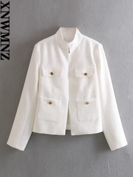 XNWMNZ Дамска мода 2023, Сако с висока яка, дамско винтажное палто с дълъг ръкав и джоб копчета, Универсално дамско палто - Изображение 1  
