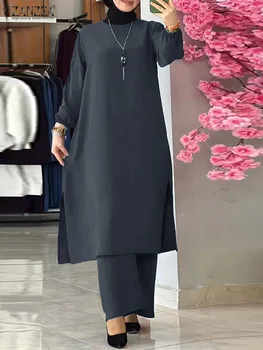 ZANZEA Елегантни мюсюлмански комплекти в тон Модерен ежедневния костюм на Ислямската облекло Блуза с дълъг ръкав Свободни обикновена панталони Абая Новости. - Изображение 2  