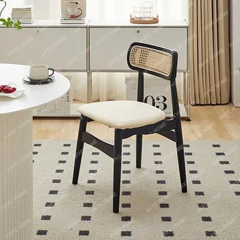 Античен маса за хранене, стол от масивно дърво, домашен удобен стол за хранене, напреднал стол от черен ратан - Изображение 1  