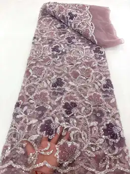 Африкански луксозни дантелени платове с пайети 2023 най-Новите бродерия на младоженеца мъниста Френска окото лейси плат за сватбена рокля - Изображение 1  