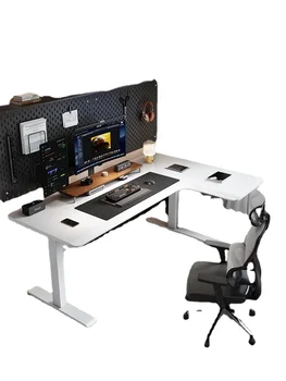Бял ъглово бюро, бюро с електрическо регулиране на височината, L-образен кабинет, Ъглова настолен компютър часа - Изображение 1  