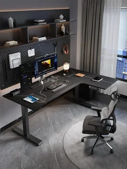 Бял ъглово бюро, бюро с електрическо регулиране на височината, L-образен кабинет, Ъглова настолен компютър часа - Изображение 2  