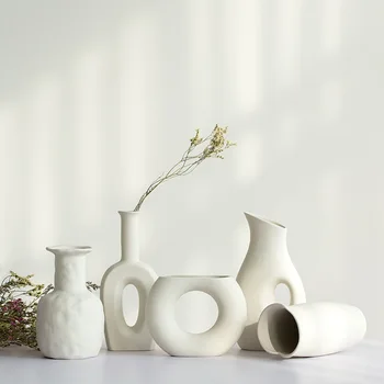 Бяла керамична ваза Vilead Nordic Естетика декоративен дизайн на дома в скандинавски стил на Трева пампасов Настолна полк Украса на стаята - Изображение 1  