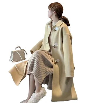 Вълна палто с отложным яка, дамско палто 2023, есенно-зимно яке с роговыми бутони, елегантни, ежедневни обикновена дълги палта - Изображение 1  