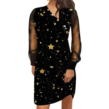 Върховете на Женското лятна рокля 2023 Плюс Размера на Съоръжения Рокли Свободни Копчета Окото Срастване Дигитален печат Рокля с дълъг ръкав Vestidos - Изображение 1  