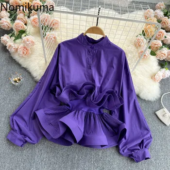 Дамска блуза Nomikuma В Корейски стил с плиссированными накъдрен, Теми, с тънка талия, Риза с елегантен ръкав-фенерче и яка-часова, Блузи Camisas Mujer 6G980 - Изображение 1  