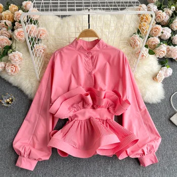 Дамска блуза Nomikuma В Корейски стил с плиссированными накъдрен, Теми, с тънка талия, Риза с елегантен ръкав-фенерче и яка-часова, Блузи Camisas Mujer 6G980 - Изображение 2  
