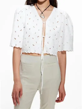 Дамска блуза с V-образно деколте и дантела, выдалбливают, Лятна новост 2023, дамски скъпа риза с бродерия на цветя - Изображение 1  