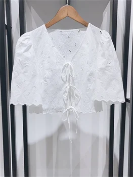 Дамска блуза с V-образно деколте и дантела, выдалбливают, Лятна новост 2023, дамски скъпа риза с бродерия на цветя - Изображение 2  
