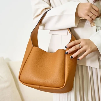 Дамска чанта от естествена кожа, чанта през рамо, чанта от телешка кожа, кофа, кош за зеле, дамски нова модерна чанта под мишниците - Изображение 2  