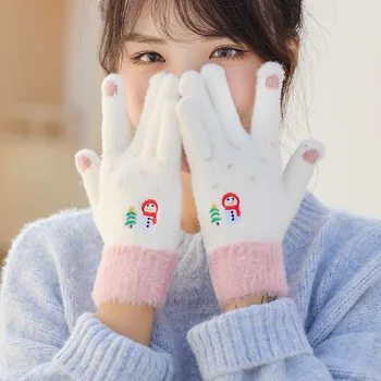 Дамски Топли зимни Възли Плюшени Ръкавици Със Сладка Бродерия на Снежен човек, Сензорен Екран, Ръкавици С Пълни Пръсти, Ветроупорен Кожени Ръкавици За Момичета - Изображение 1  