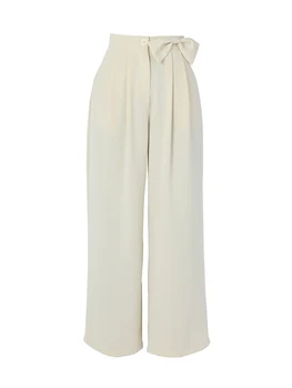 Дамски панталони във френски стил ретро, обикновена, 2023, нови модни директни офис панталони с широки штанинами, Винтажное украса лък, Просто - Изображение 1  