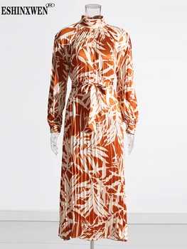 Дамски рокли с шнур в стил мозайка с цветен блок Eshin, яка стойка, Дълъг ръкав, Елегантна рокля с висока талия, Женствена рокля TH4967 - Изображение 1  