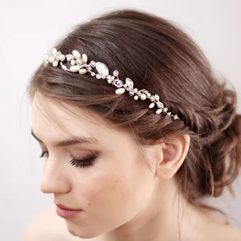 Дамски романтична сватба ленти с кристали, лента за коса с ръчно изработени, златна диадема, сватбени шапки за аксесоари за коса - Изображение 1  