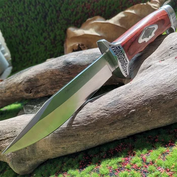 Директен ловен нож за къмпинг и диви приключения - стомана 7Cr13Mov, цветна дървена дръжка, с ножнами - Изображение 1  