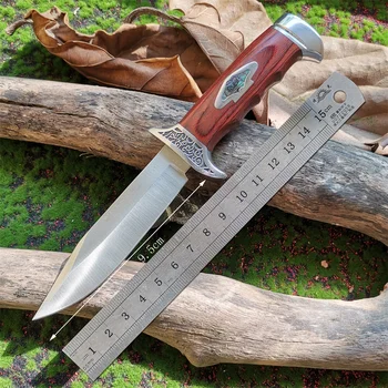 Директен ловен нож за къмпинг и диви приключения - стомана 7Cr13Mov, цветна дървена дръжка, с ножнами - Изображение 2  