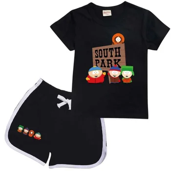 Дрехи за малки момчета от аниме S-Southes Park, Лятна пижама, Памучен тениска с къс ръкав, къси Панталони, костюми, комплект за ежедневни и спортни облекла за момичета - Изображение 2  