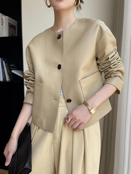 Елегантна дамско яке от естествена кожа, с кръгло деколте, пролет-есен 2024, тенденция висококачествена и лесна ежедневна укороченная дубленка - Изображение 1  