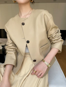 Елегантна дамско яке от естествена кожа, с кръгло деколте, пролет-есен 2024, тенденция висококачествена и лесна ежедневна укороченная дубленка - Изображение 2  