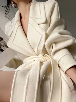 Елегантна дълга меховое палта, дамски луксозна модерна висококачествено дамско яке Midi 2023, зимни изолирана дамски палта с шнур и свободни ревери - Изображение 1  