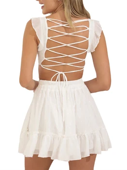 Елегантна сетчатое мини рокля на спагети презрамки с рюшами, дебнещ рокля с отворен гръб и завязками, лятна вечерна рокля за жените - Изображение 1  