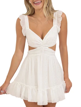 Елегантна сетчатое мини рокля на спагети презрамки с рюшами, дебнещ рокля с отворен гръб и завязками, лятна вечерна рокля за жените - Изображение 2  