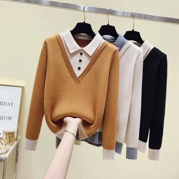Есен-Зима, дамски пуловер, пуловер, 2023, Нова мода, яка ПОЛО, фалшив вязаный пуловер от две части с дълъг ръкав, дамски джъмпери, върхове - Изображение 1  