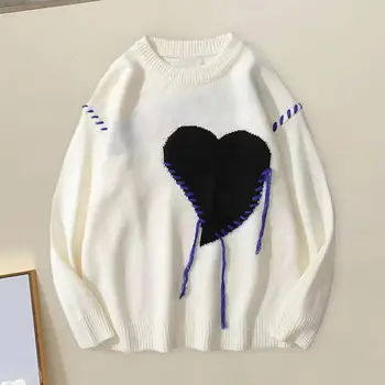 Есенно-зимен мъжки пуловер с аппликацией във формата на сърце, Двойни пуловер, подходящ по цвят Вязаный топ с кръгло деколте и дълги ръкави, Вязаный плетива на една кука за декор - Изображение 1  